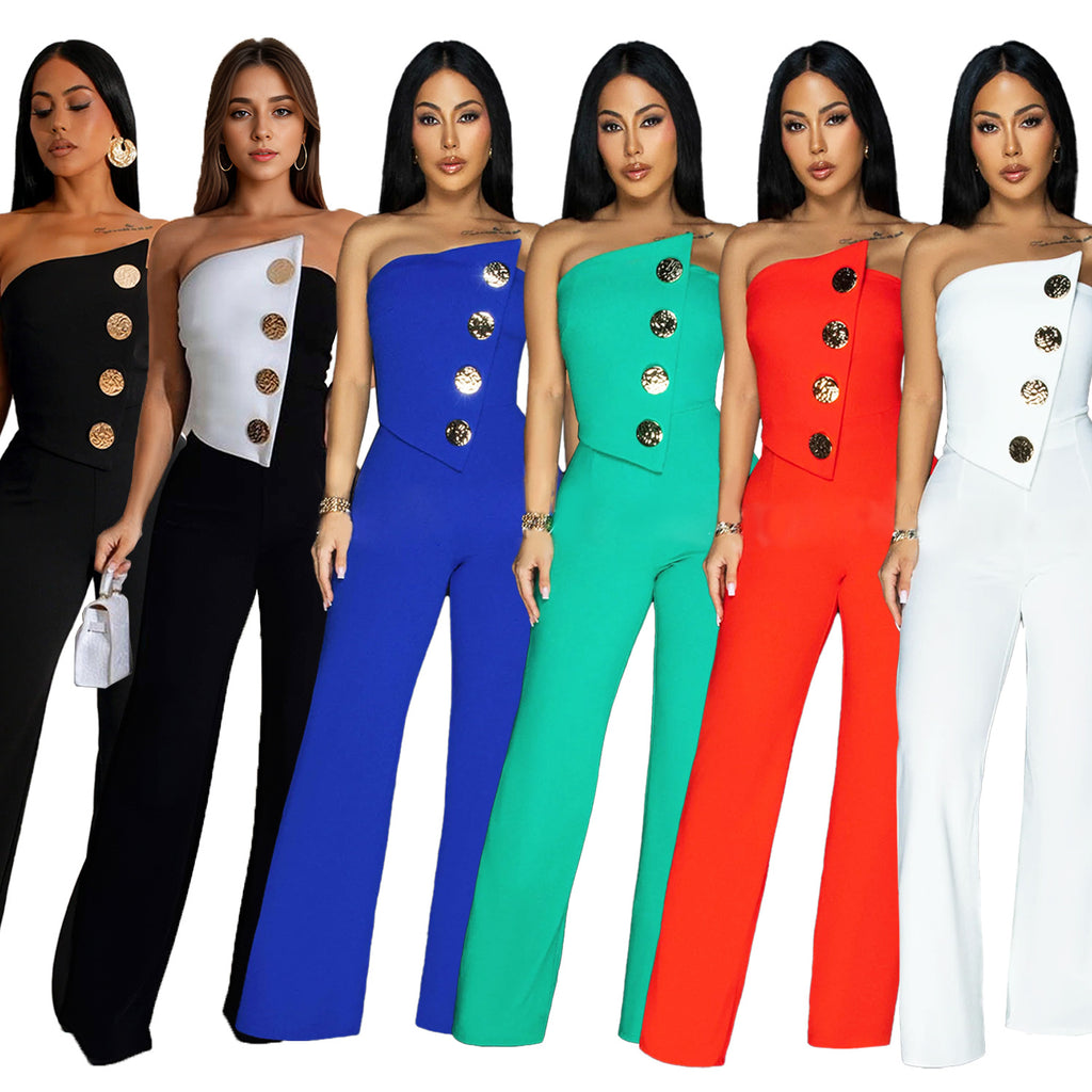 Fashion Women's Sleeveless Buttoned Jumpsuit Long Pants