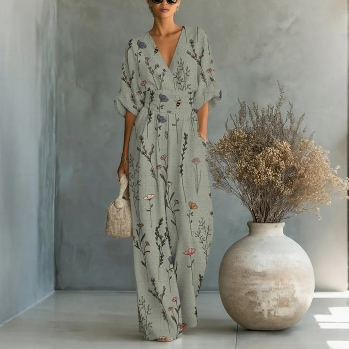 Elegant waist cinched V-neck printed women's jumpsuit