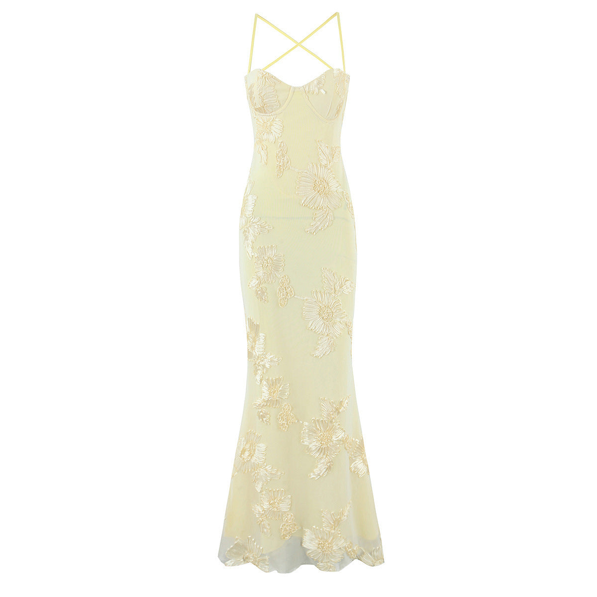 The "Aurelia "Sun-Kissed Petal Bustier Gown in Pale Lemon/Yellow