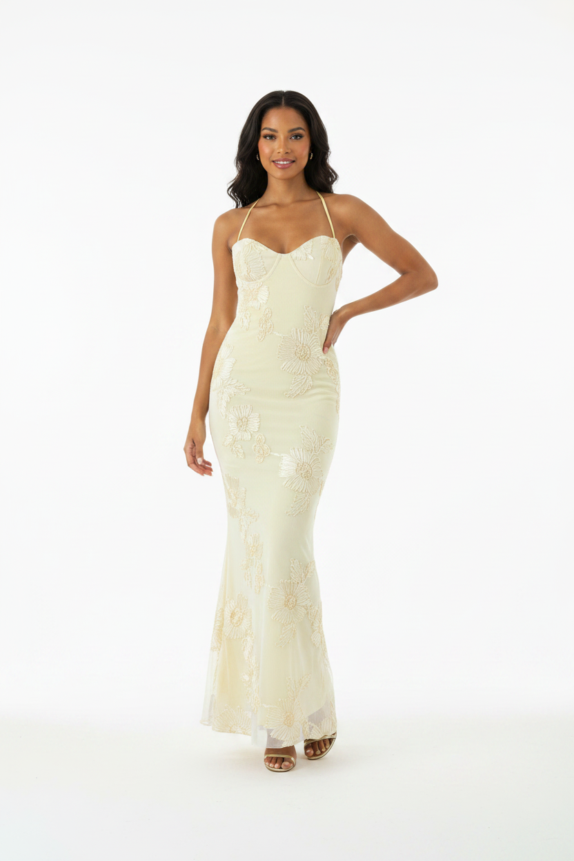 The "Aurelia "Sun-Kissed Petal Bustier Gown in Pale Lemon/Yellow