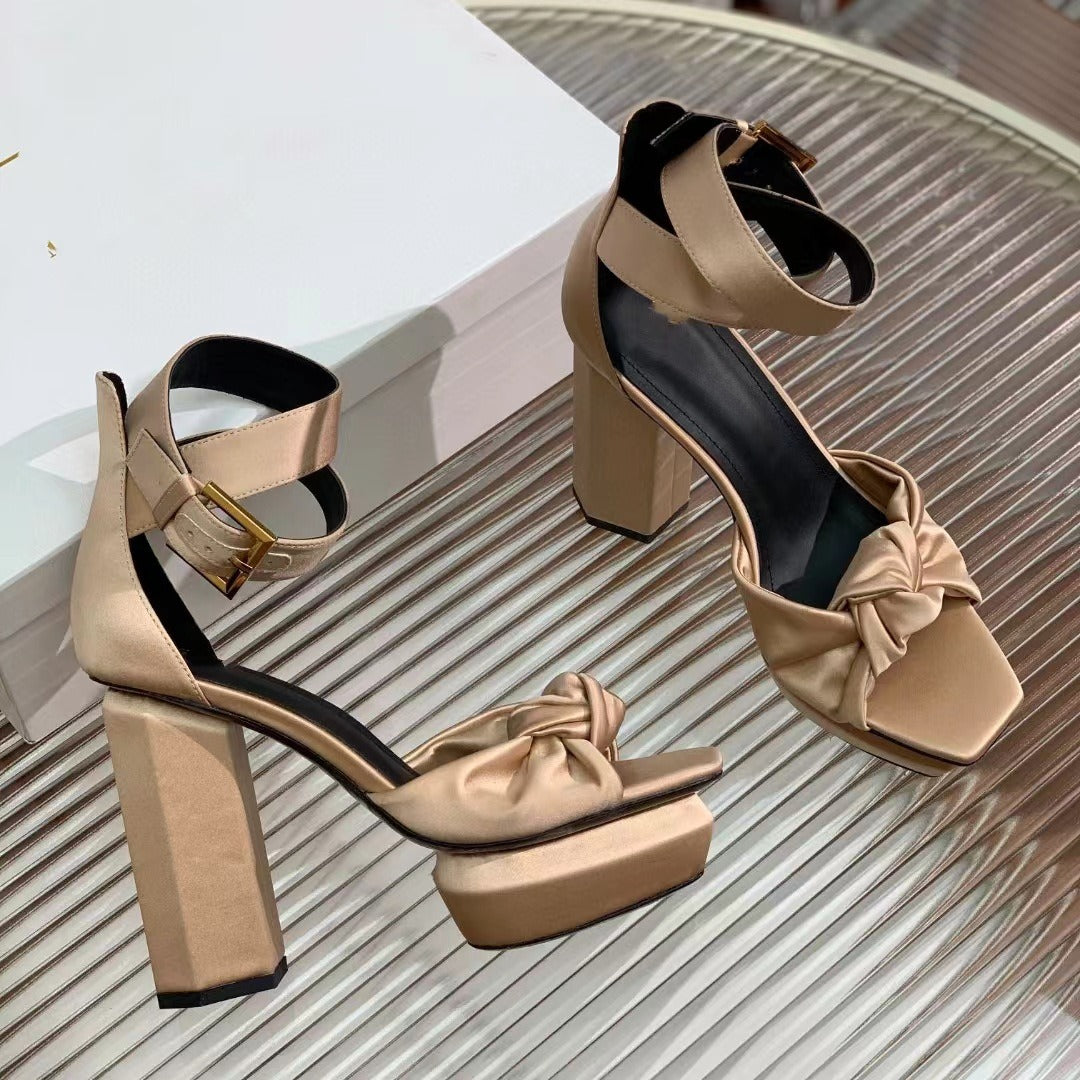 High heels thick heels regular silk water platform sandals square toe buckle strap exposed toe sandals