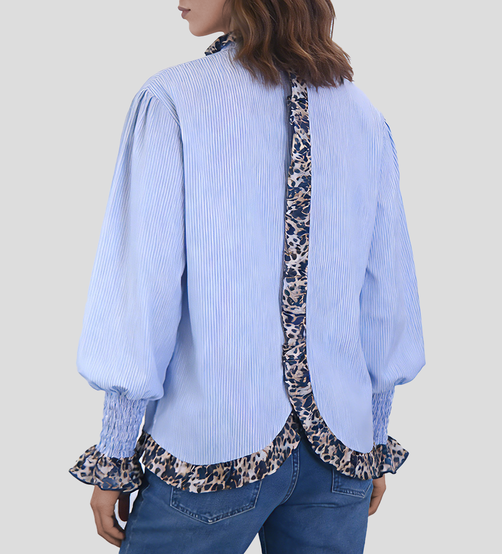 Women's fashionable leopard print lace-trimmed sleeves casual blue and white striped shirt
