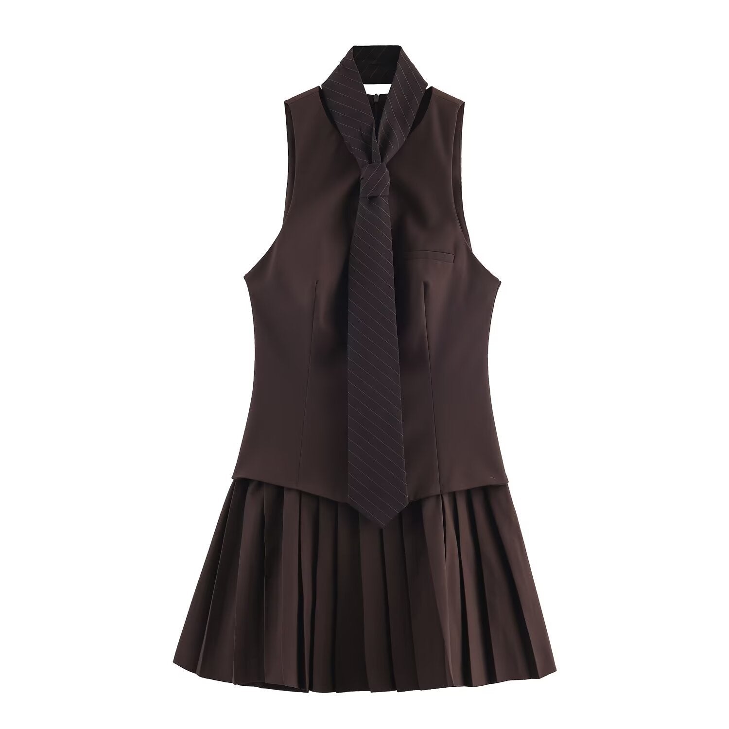 College style wide pleated tie short dress