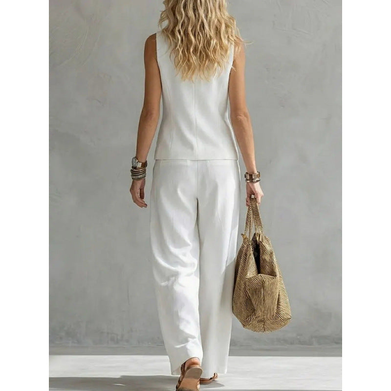 Solid color sleeveless casual linen vest and pants set