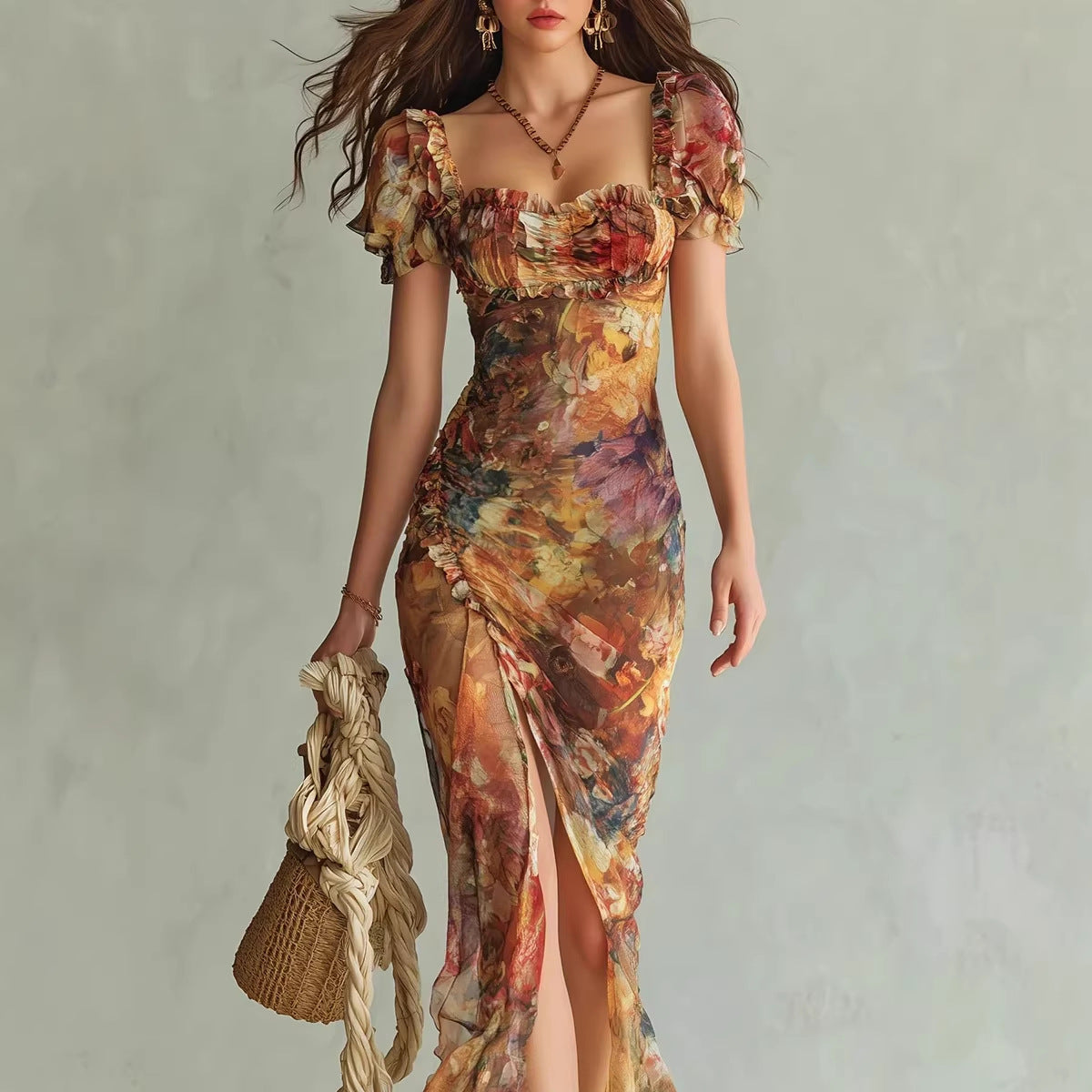 V-neck waist cinched ruffle edge dress