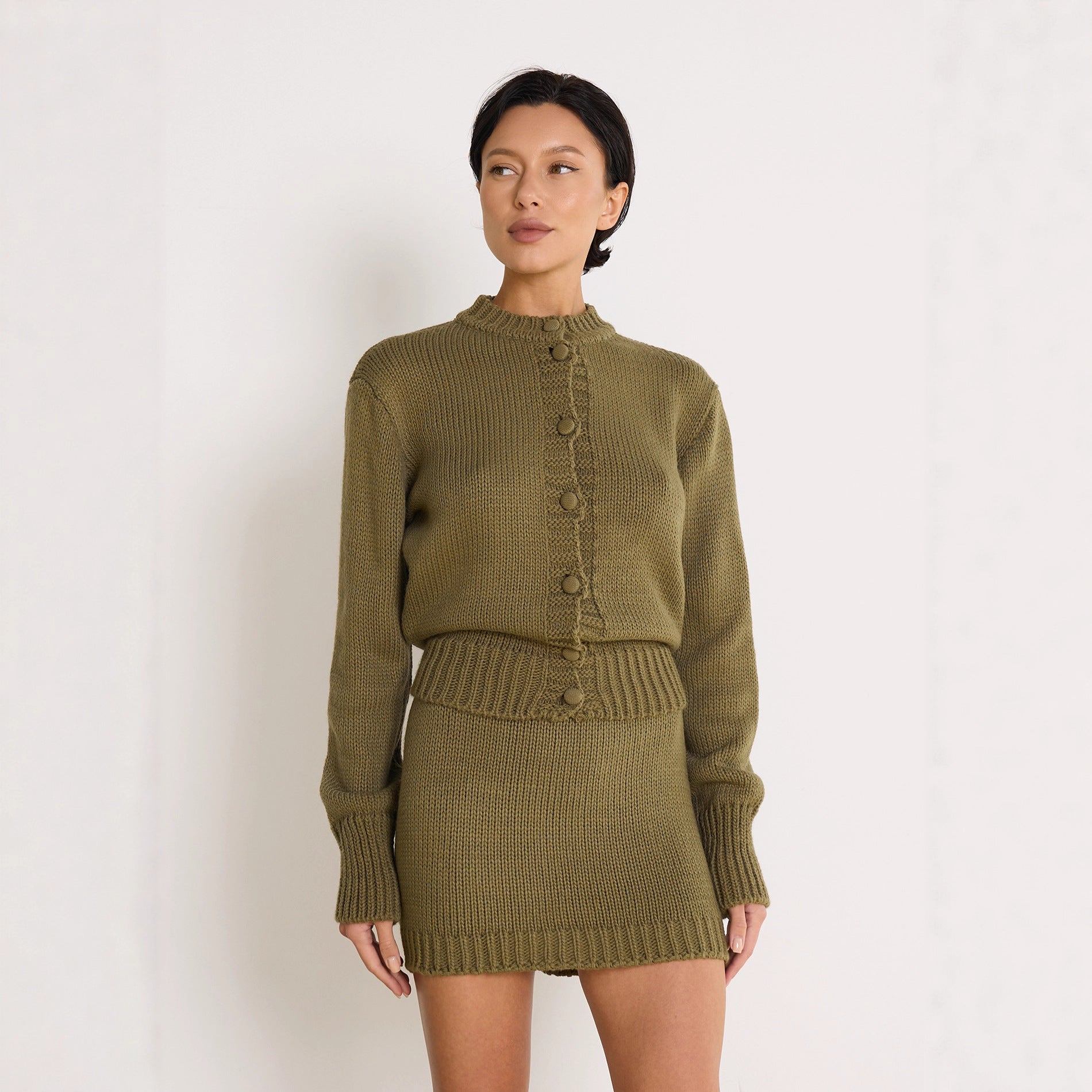 Knitted Short Sleeve High Waist Cropped Sweater Jacket &amp; Knit Skirt Set for Women