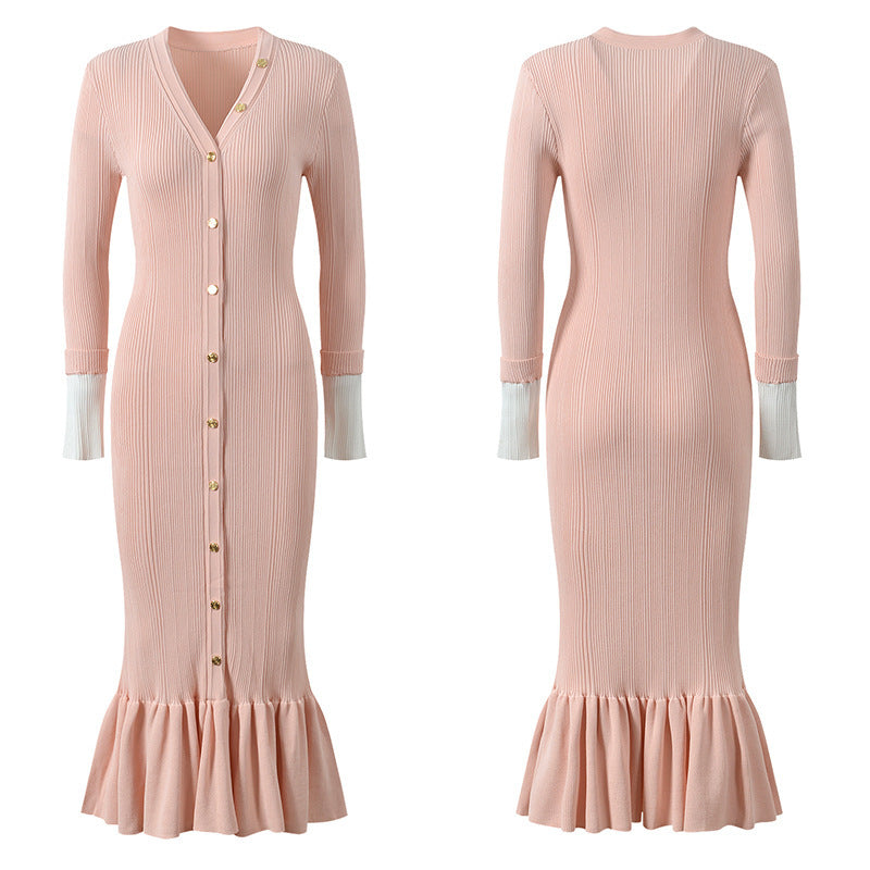 Nella Long Sleeve V-Neck Fish Tail Dress