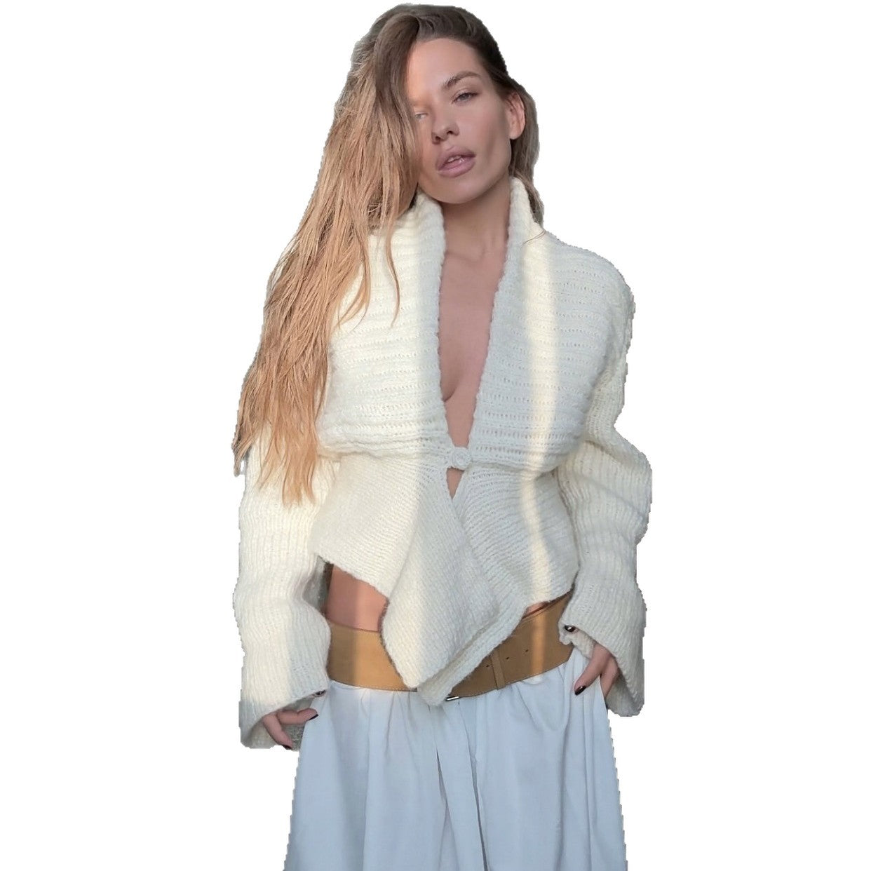 Chic Vintage Knit Cardigan for Women, Solid Color V-Neck Asymmetrical Hem, Sweater Coat