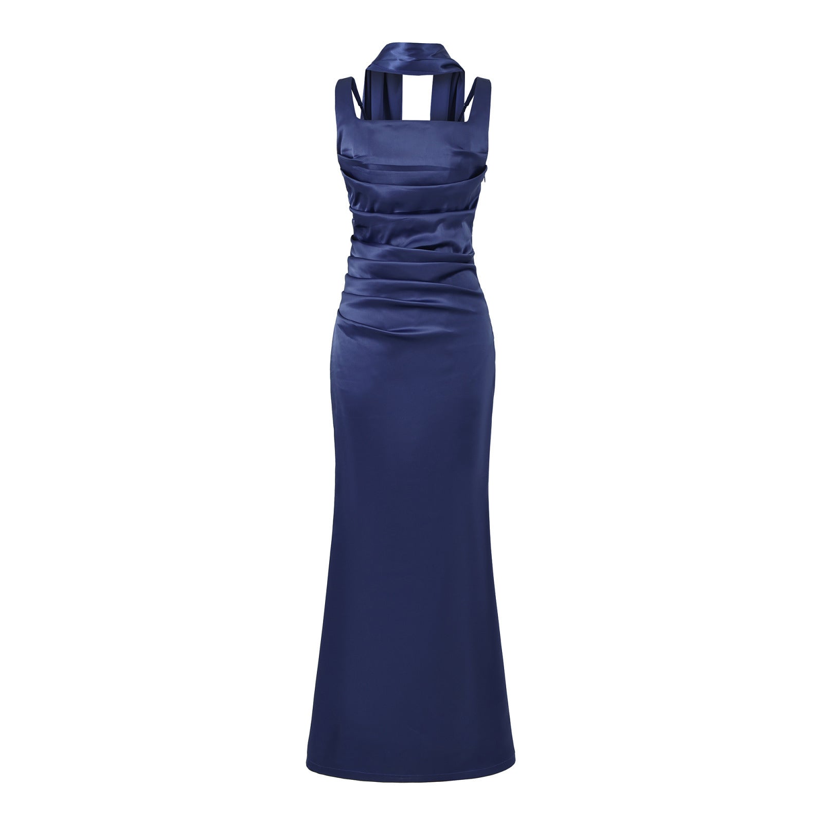 "Elegant Ruched Pink Satin Midi Dress"