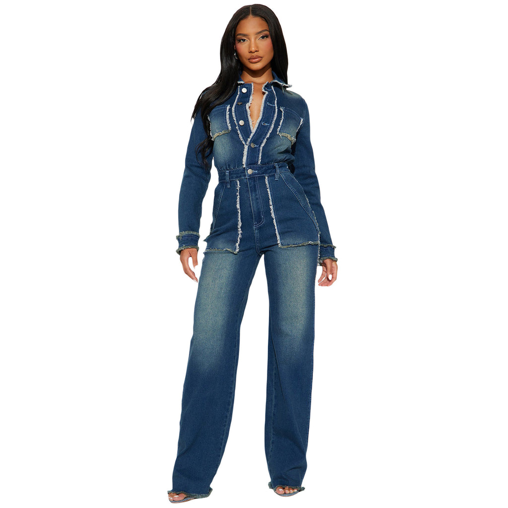 Slim fit elastic trumpet long sleeved denim jumpsuit
