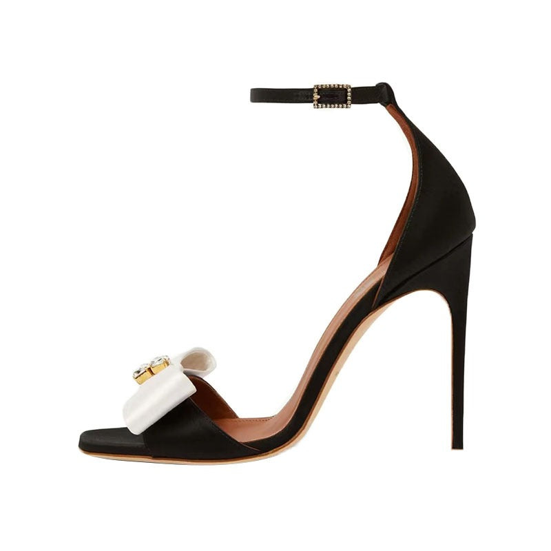 Round Toe Open Toe Slim High Heels For Womens Elegant Bow Knot Rhinestone Belt Buckle Color Matching Summer Fashion Sandals