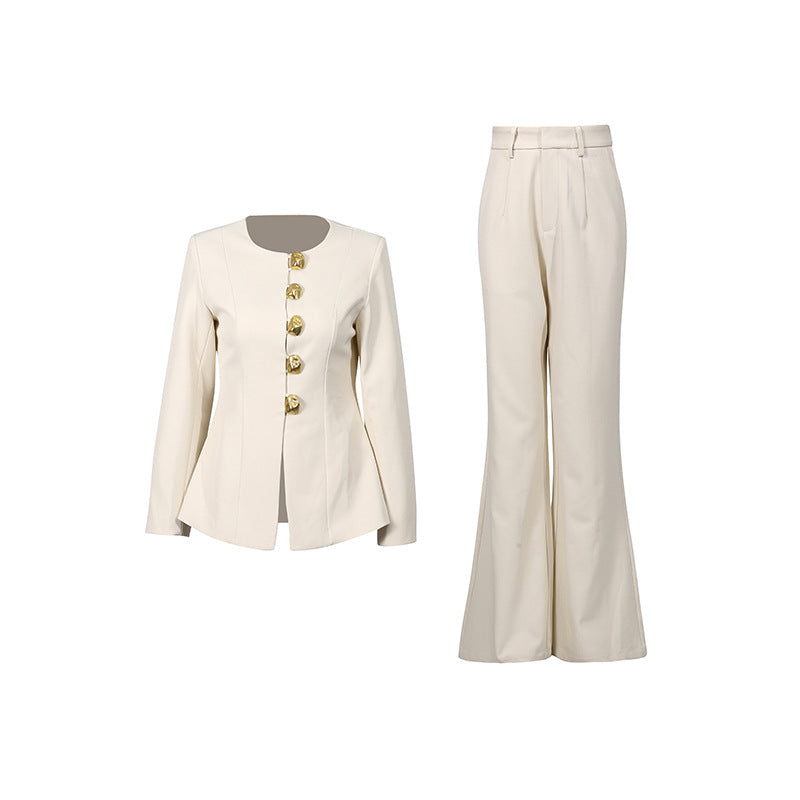 Round neck single row metal buckle short top+micro flared pants two-piece set