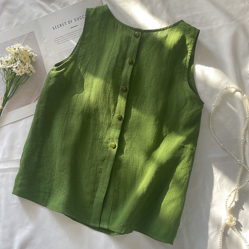 Casual Reversible Sleeveless Linen-Cotton Vest with Round Neck, Lightweight, Breathable and Simple Design for Daily Wear