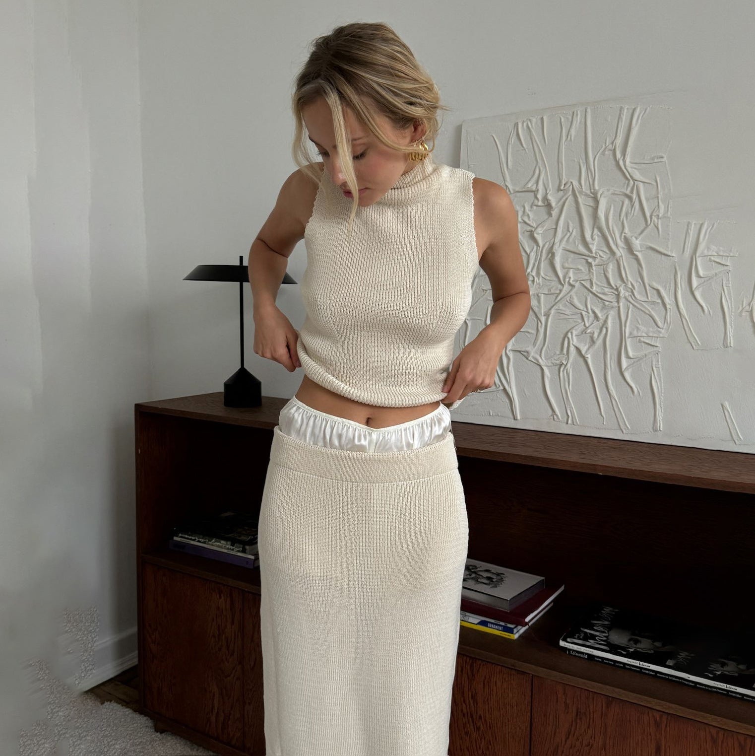 Sleeveless High Neck Knit Vest with Bodycon Long Skirt