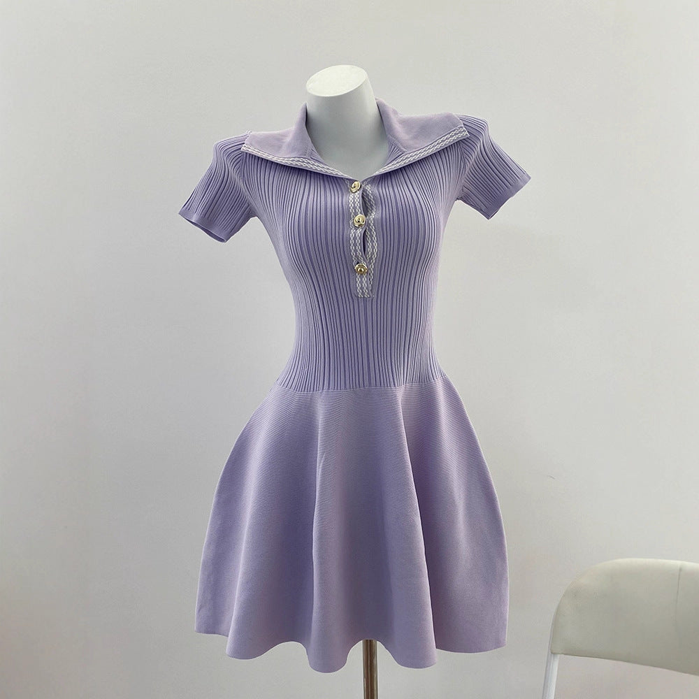 Elegant PurpleShort Sleeve Knit Dress A-Line Flared Skirt