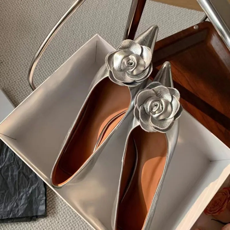 Champagne Rose Pointed Shallow Mouth Mid Heel Kitten Track Shoes Girl