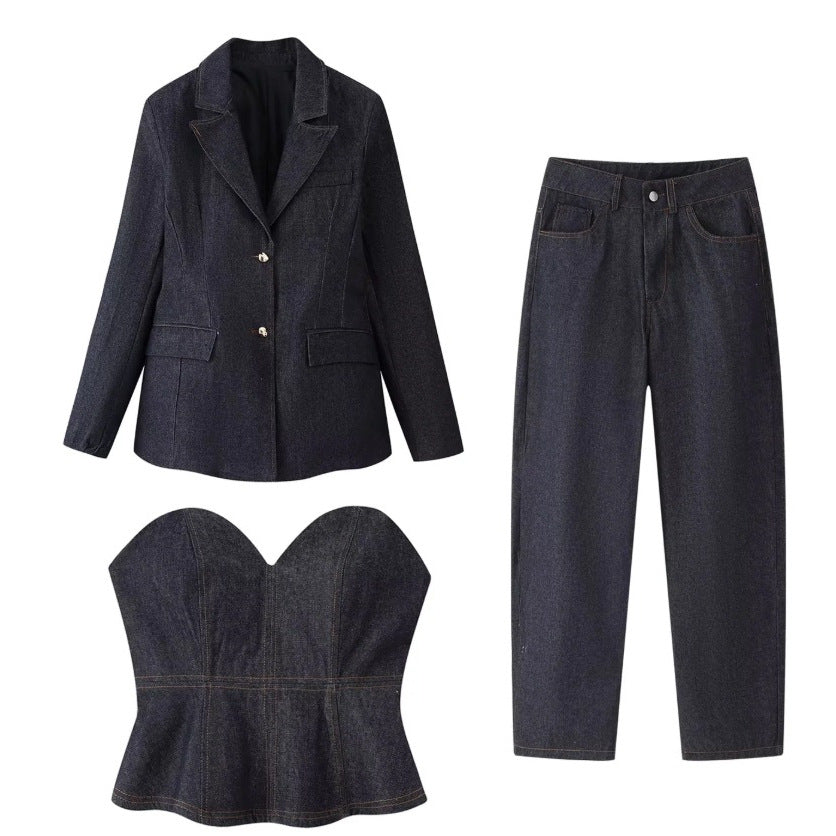 Casual Versatile Denim Patchwork Hoodie  Pants Set