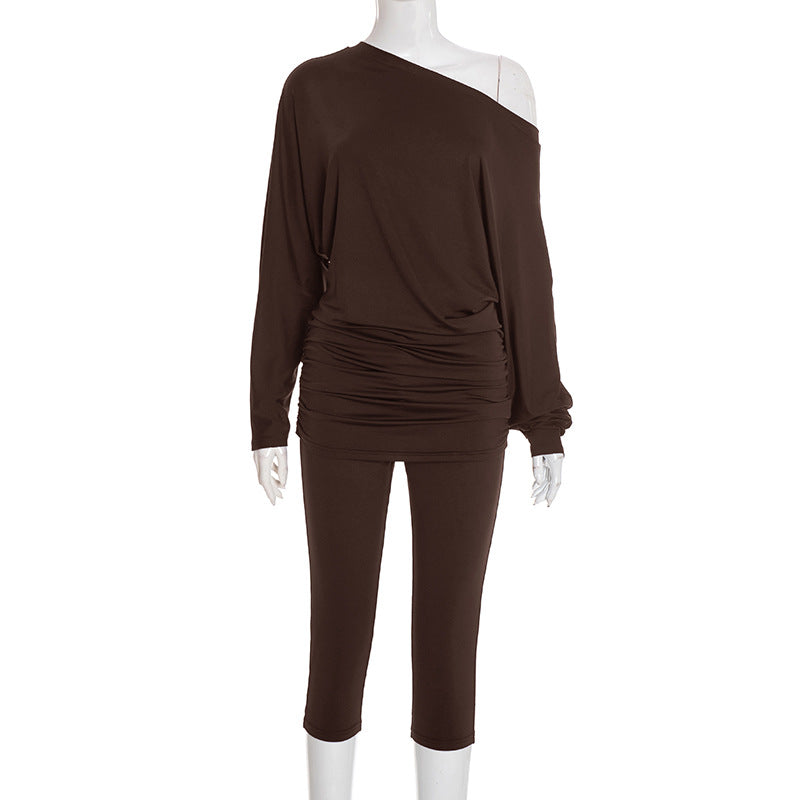 Style Autumn Women's Asymmetrical Shoulder Loose Long Sleeve Top with Fitted Seven-quarter Pants Casual Outfit Set