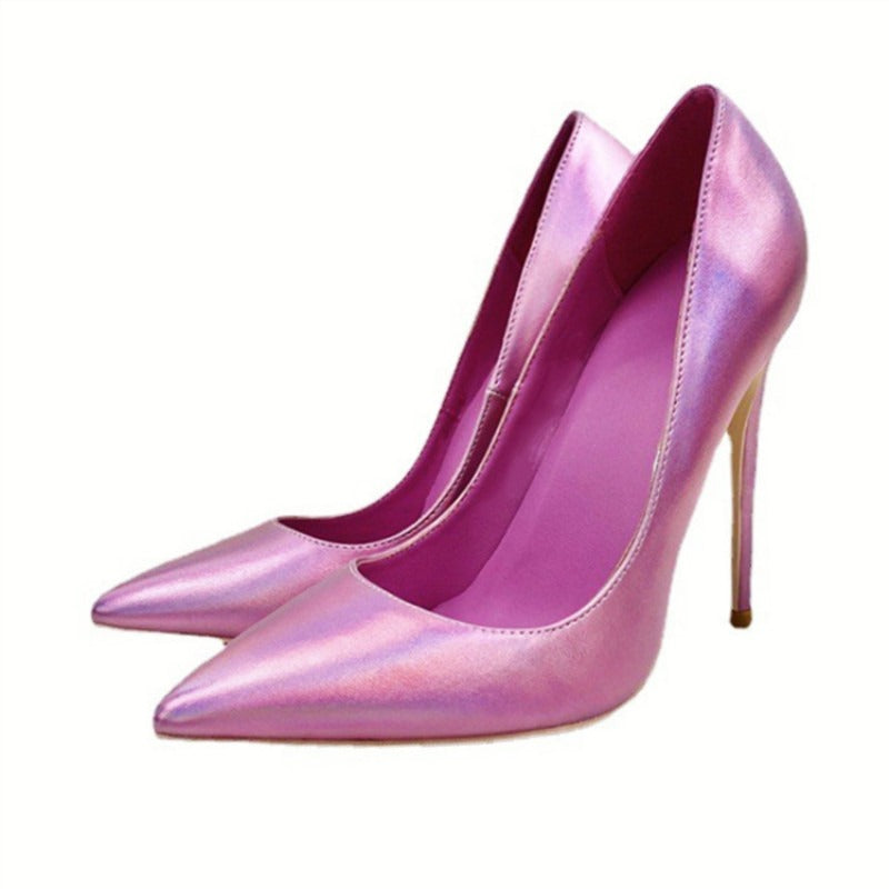 Pink matte sheepskin high heels, women's thin heeled pointed thin heeled shallow cut single shoes