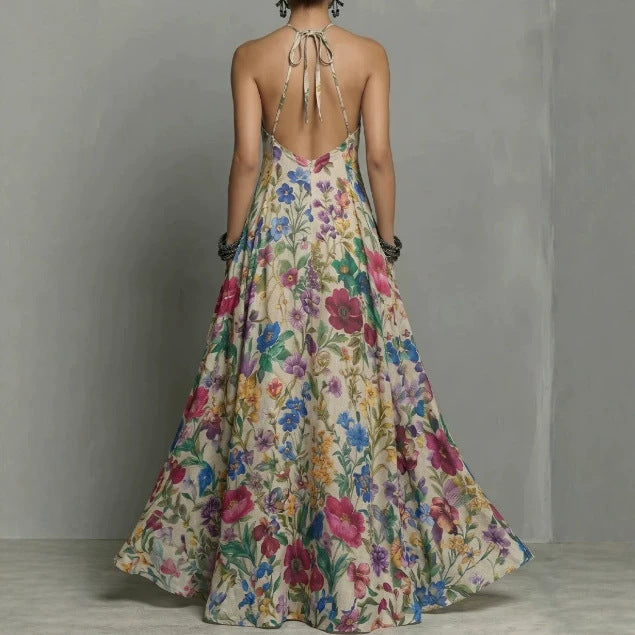 Summer New Plant Floral Print Strapless Dress, Off-shoulder Slim Fit Flowy Maxi Skirt