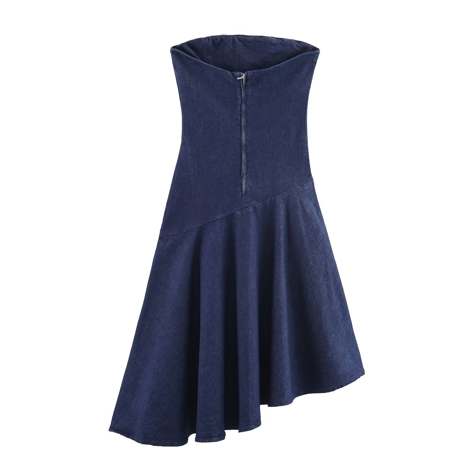 Strapless collar sleeveless asymmetrical denim dress for women