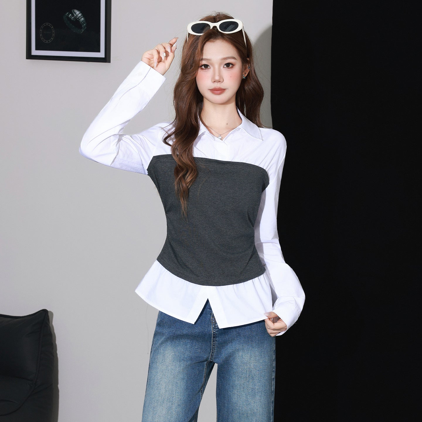 Chic Two-in-One Design Collage Flip Collar Long Sleeve Shirt for Women, Casual Inner Layer Top