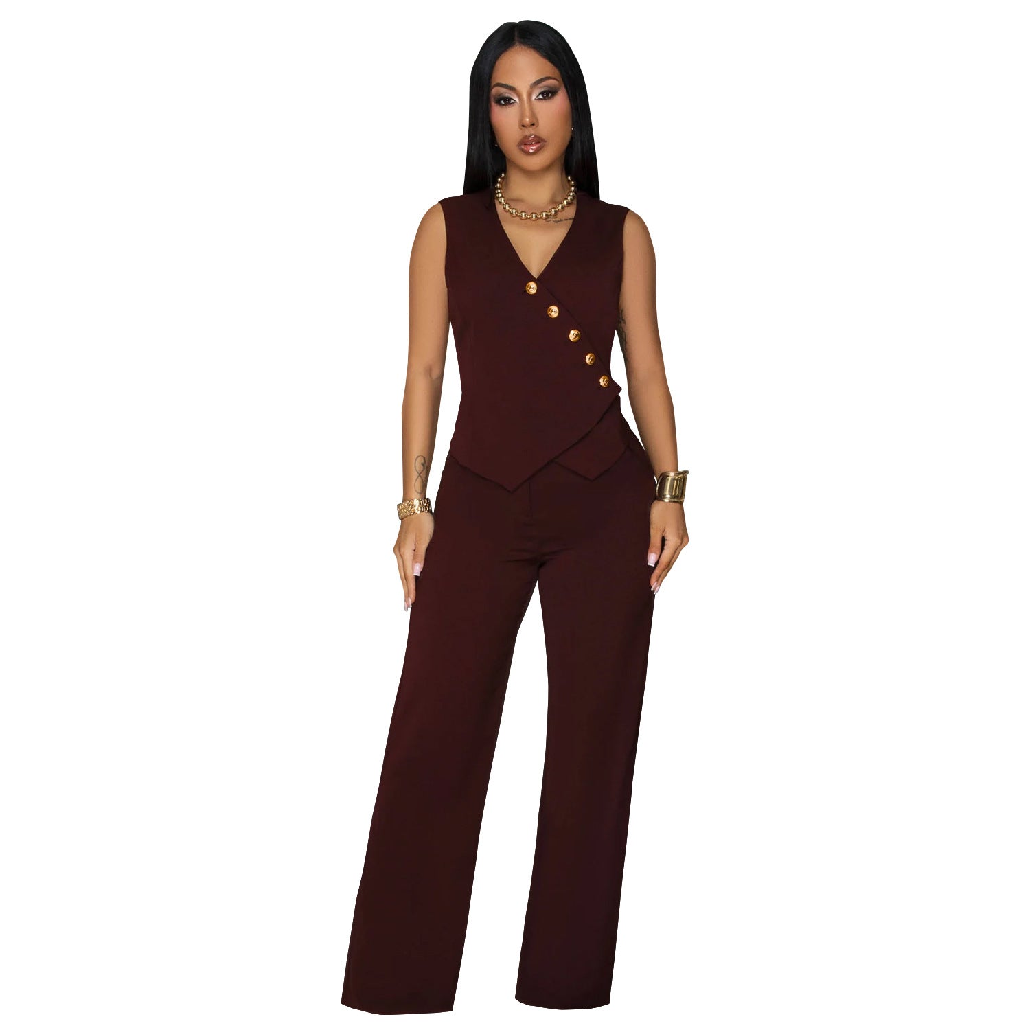 Fashion Women's Casual Sleeveless V-Neck Top and Pants Two-Piece Set