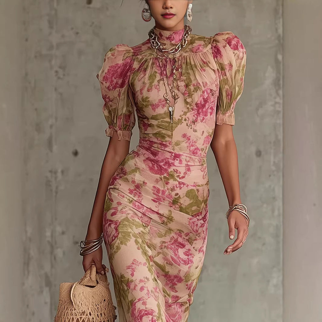 Bubble sleeve printed slim fit long skirt