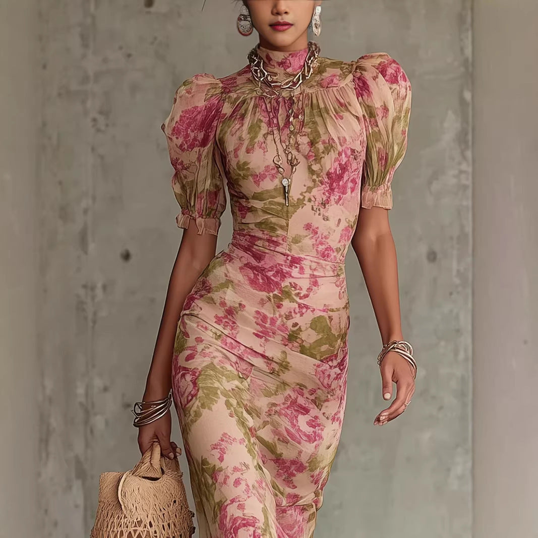 Bubble sleeve printed slim fit long skirt