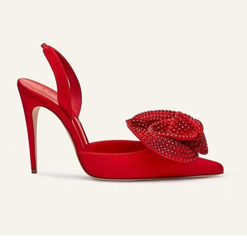 Pointed toe stiletto ultra high heel hollow rose rhinestone satin sandals for women