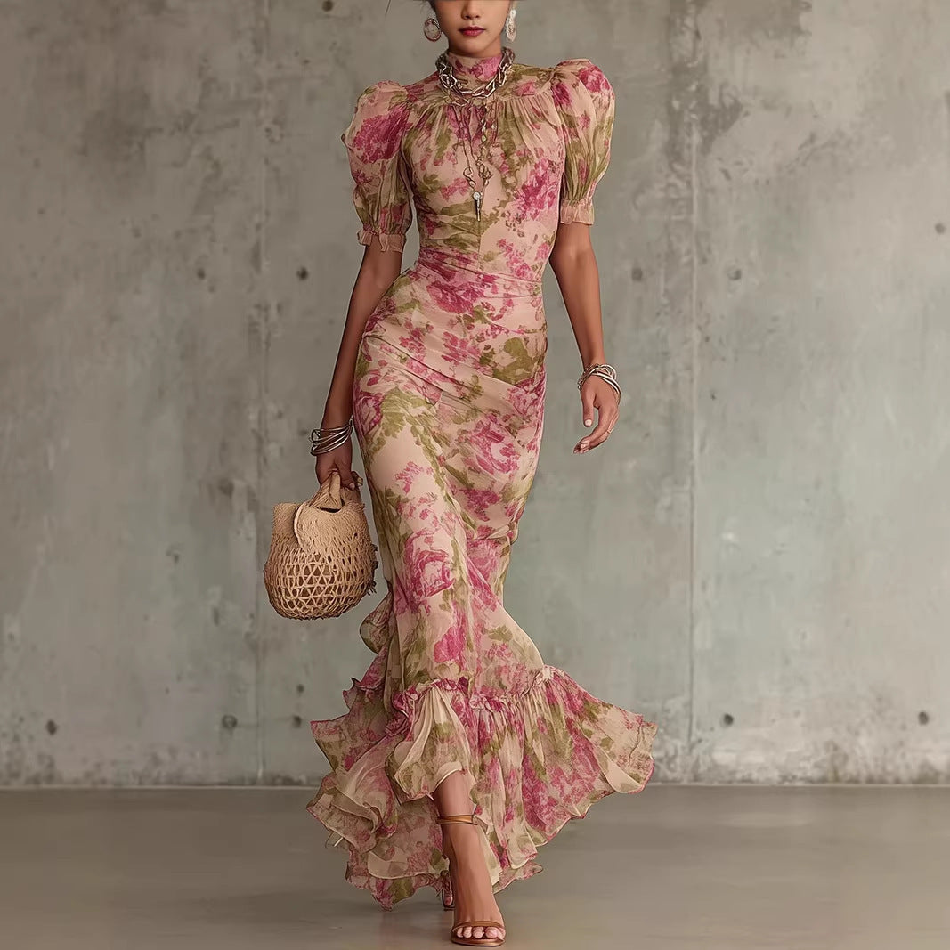 Bubble sleeve printed slim fit long skirt