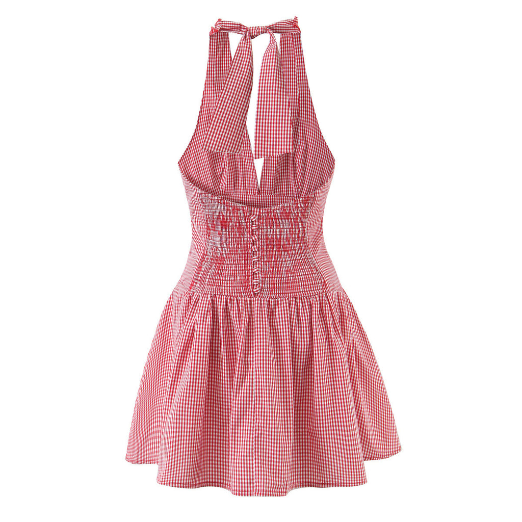 Spicy girl short red checkered neck hanging dress
