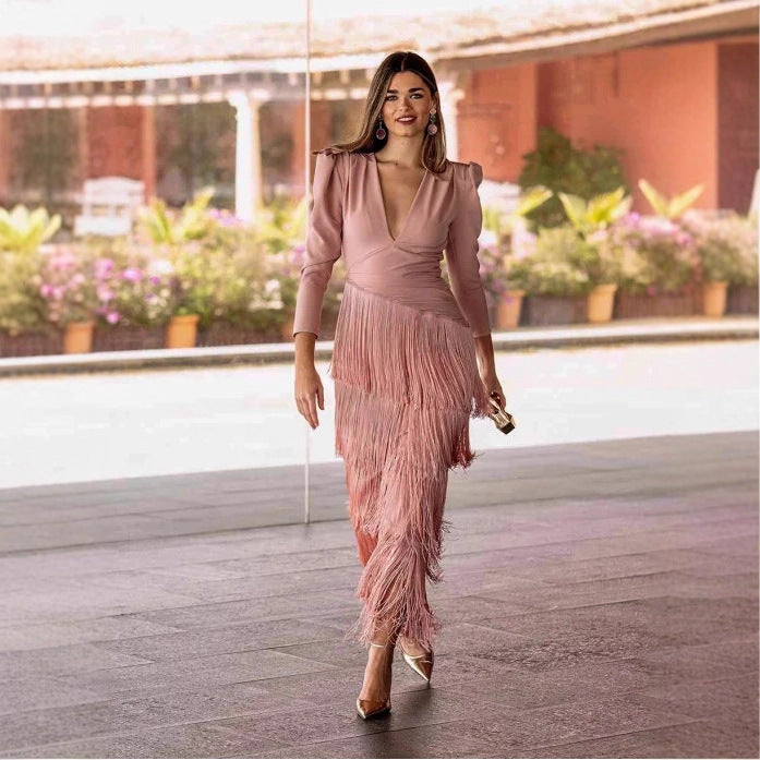 Deep V-fringe slim fit pants set