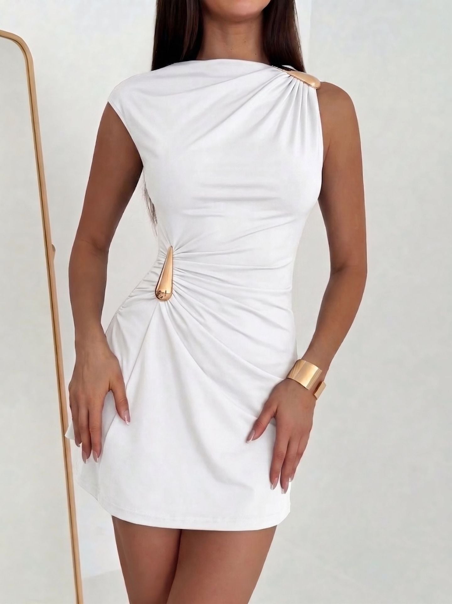 Nella metallic buckle pleated fitted bodycon dress