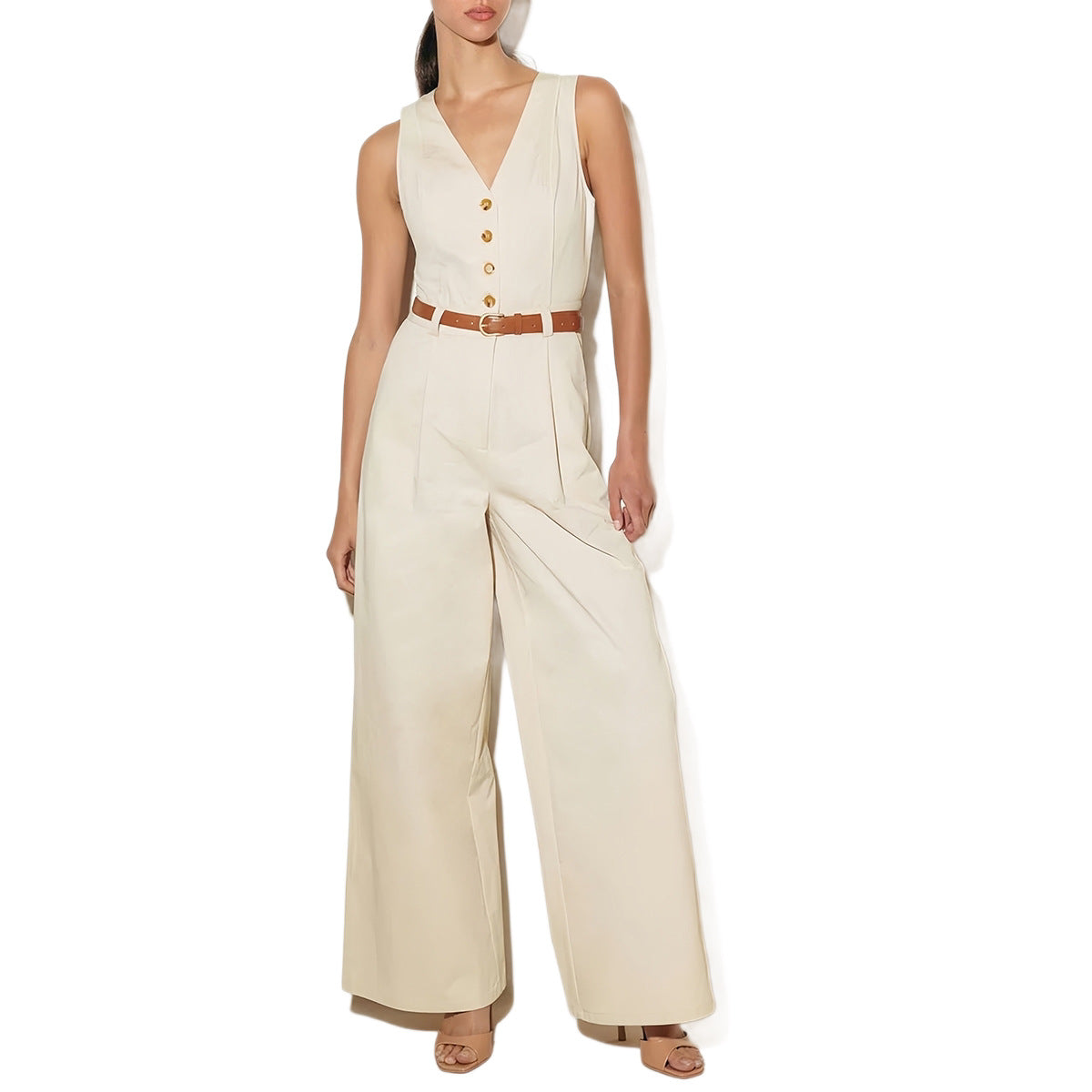 V-Neck Sleeveless High-Waisted Wide-Leg Jumpsuit