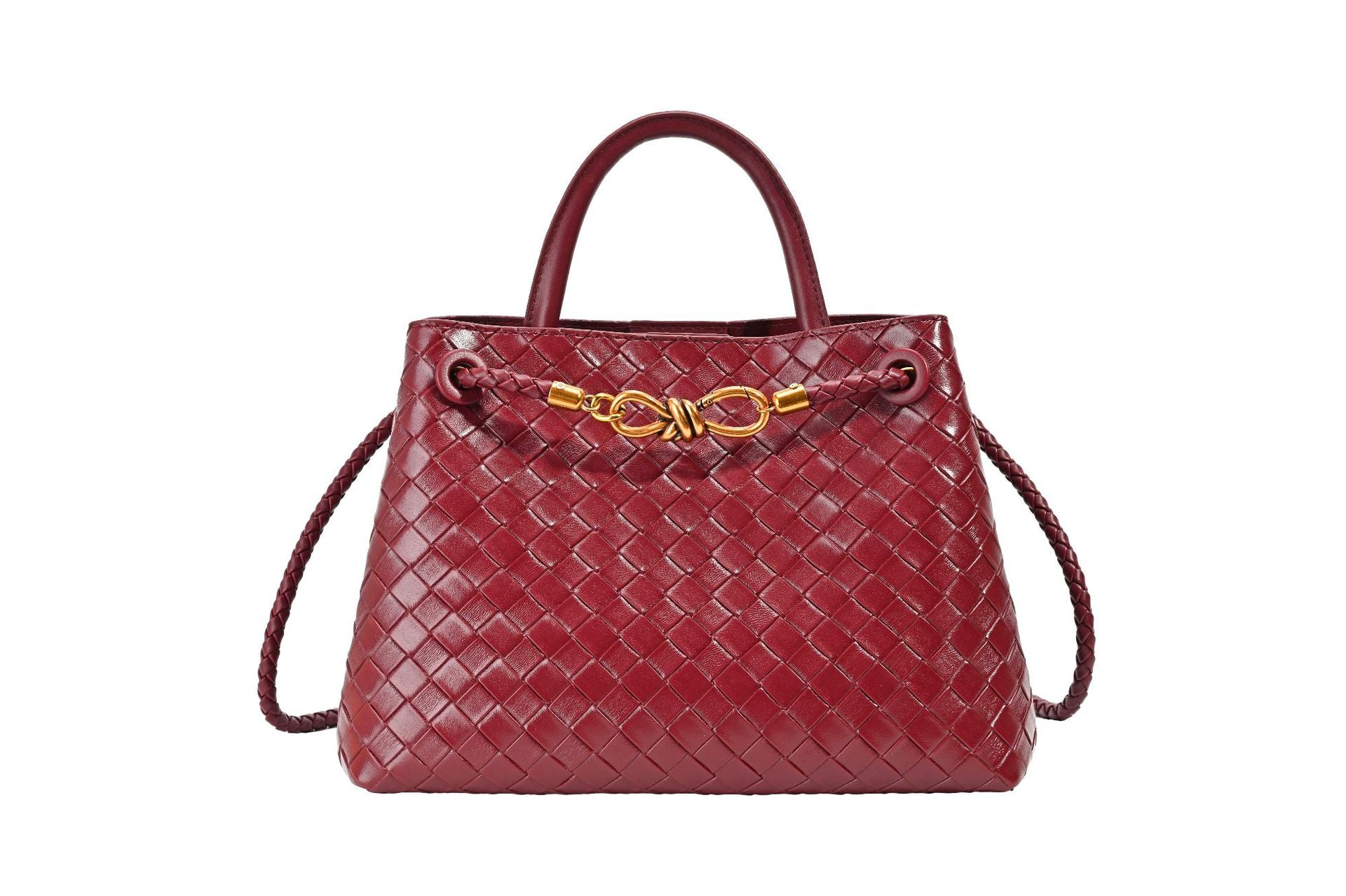 Metal rope buckle woven shoulder bag, fashionable, versatile, retro, commuter bag for women.