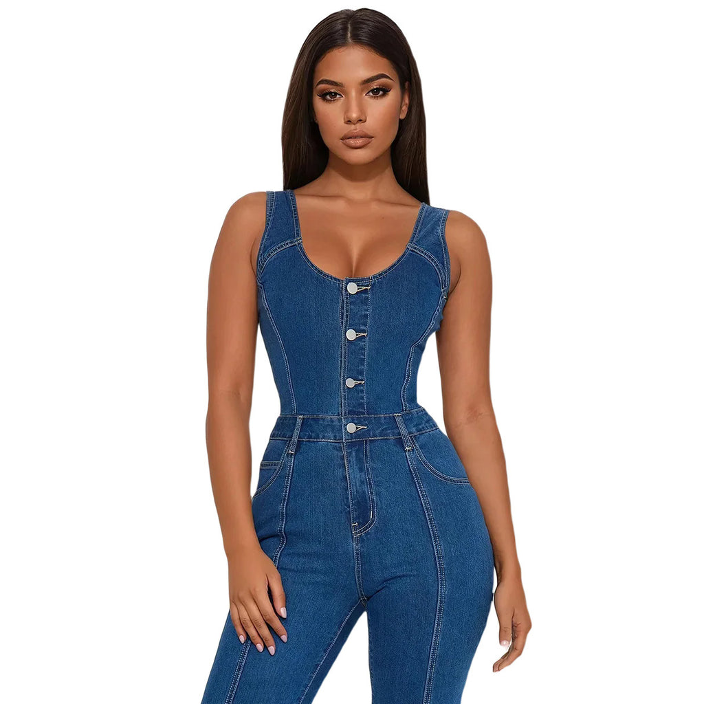 "Daisy Dream" Button-Front Strap Denim Jumpsuit