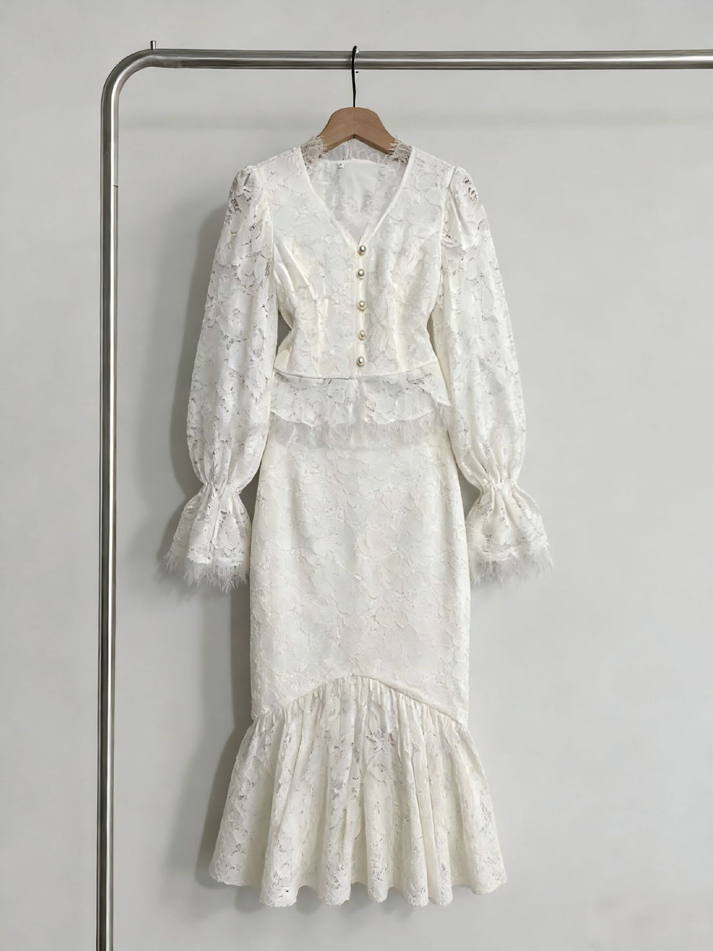 Tailored hip hugging fish tail long skirt+V-neck lace button flared sleeves