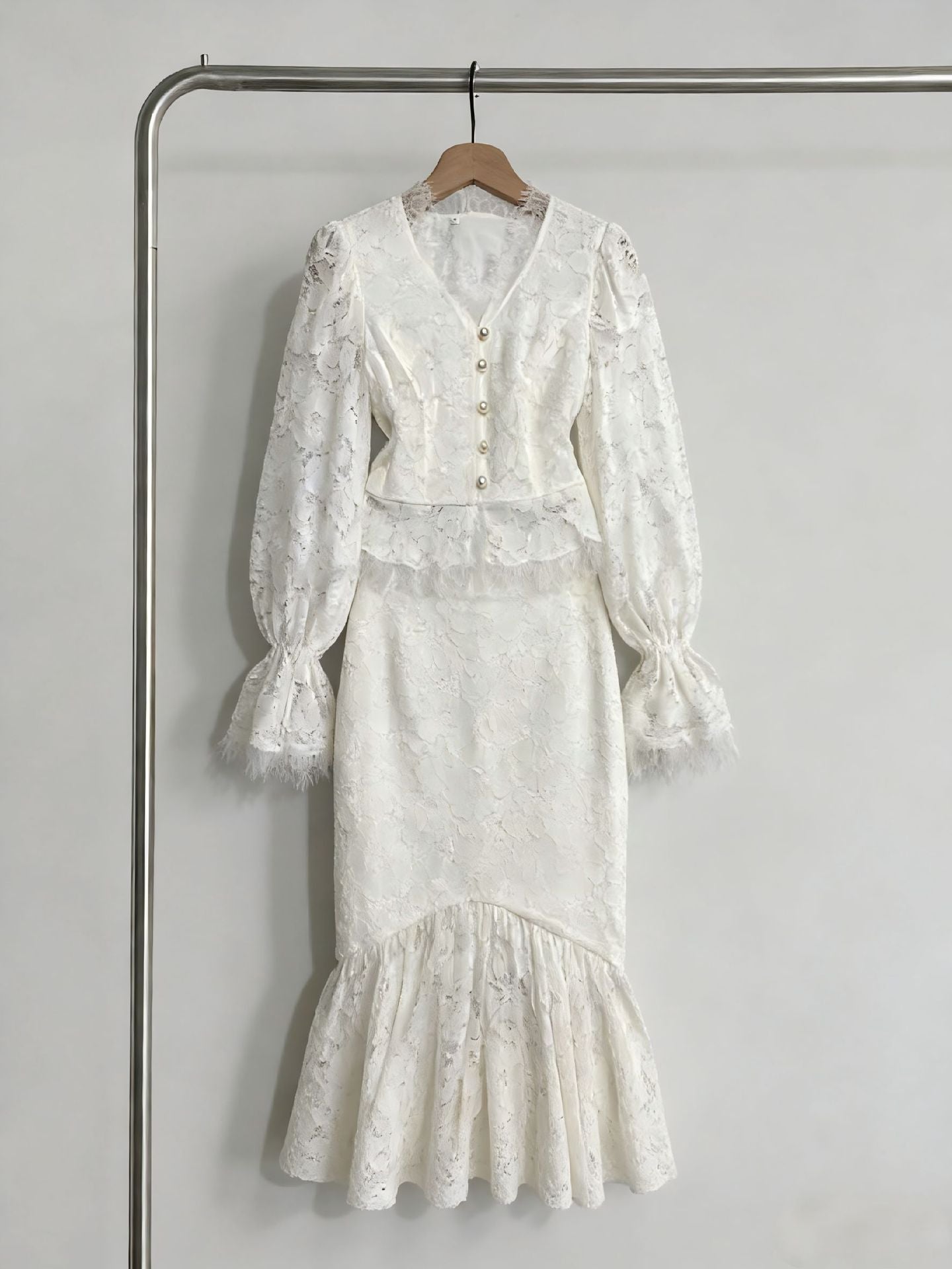 Tailored hip hugging fish tail long skirt+V-neck lace button flared sleeves