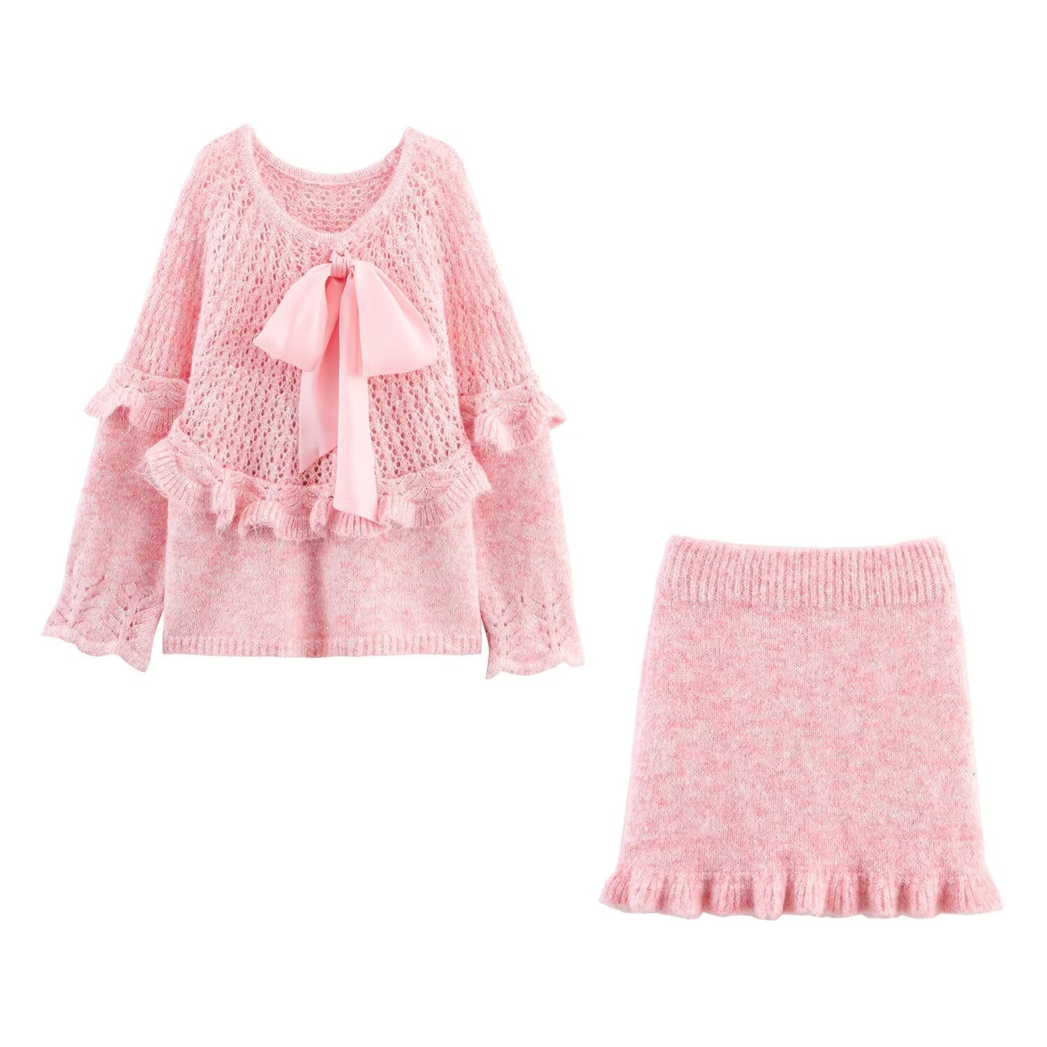 Ribbon Knitted Sweater+Skirt Set
