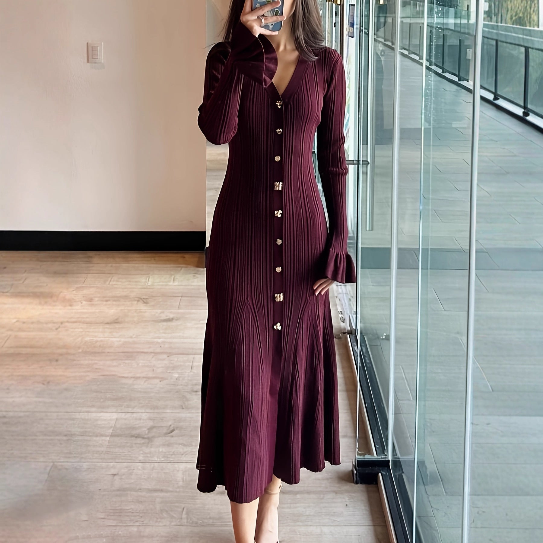 French elegant crewneck dress, slim fit, knitted women's dress