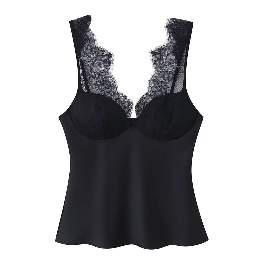 Lace satin texture vest top with chest cushion