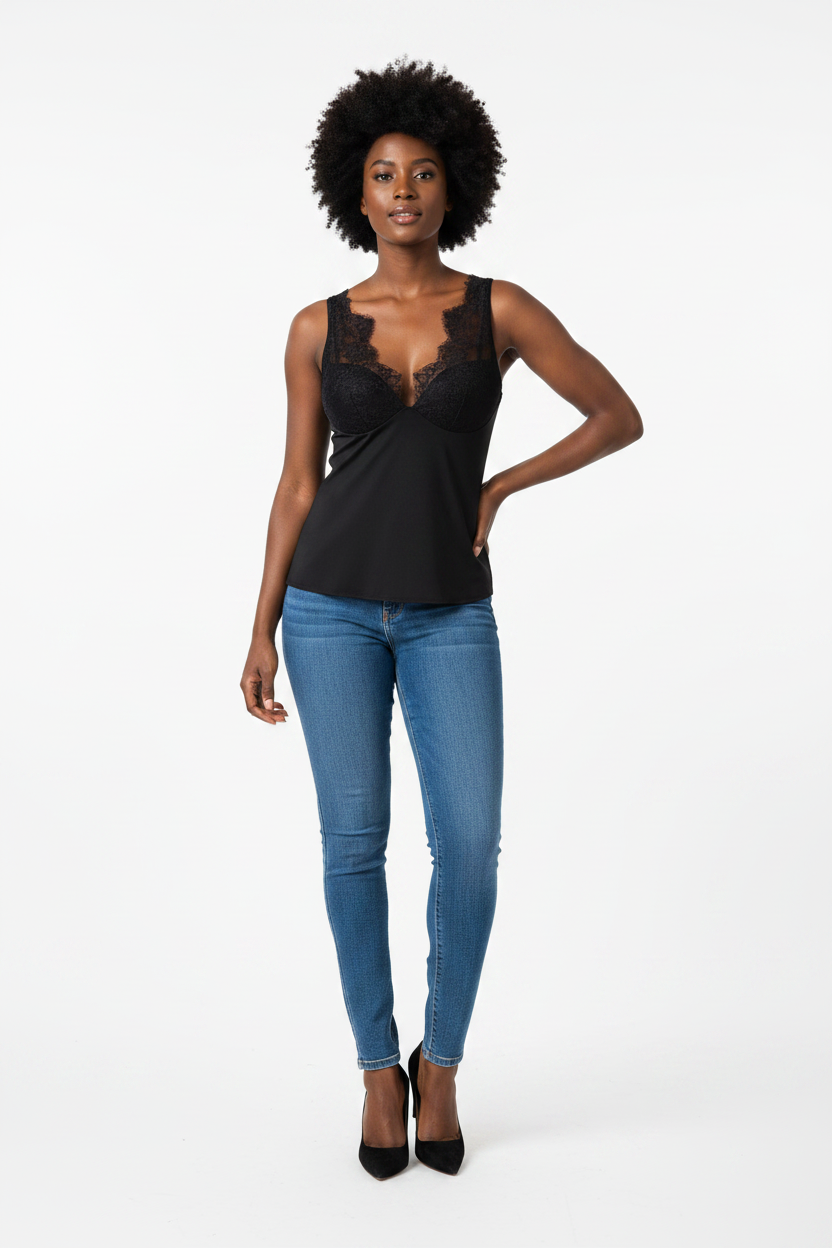 Melina Lace satin texture vest top with chest cushion