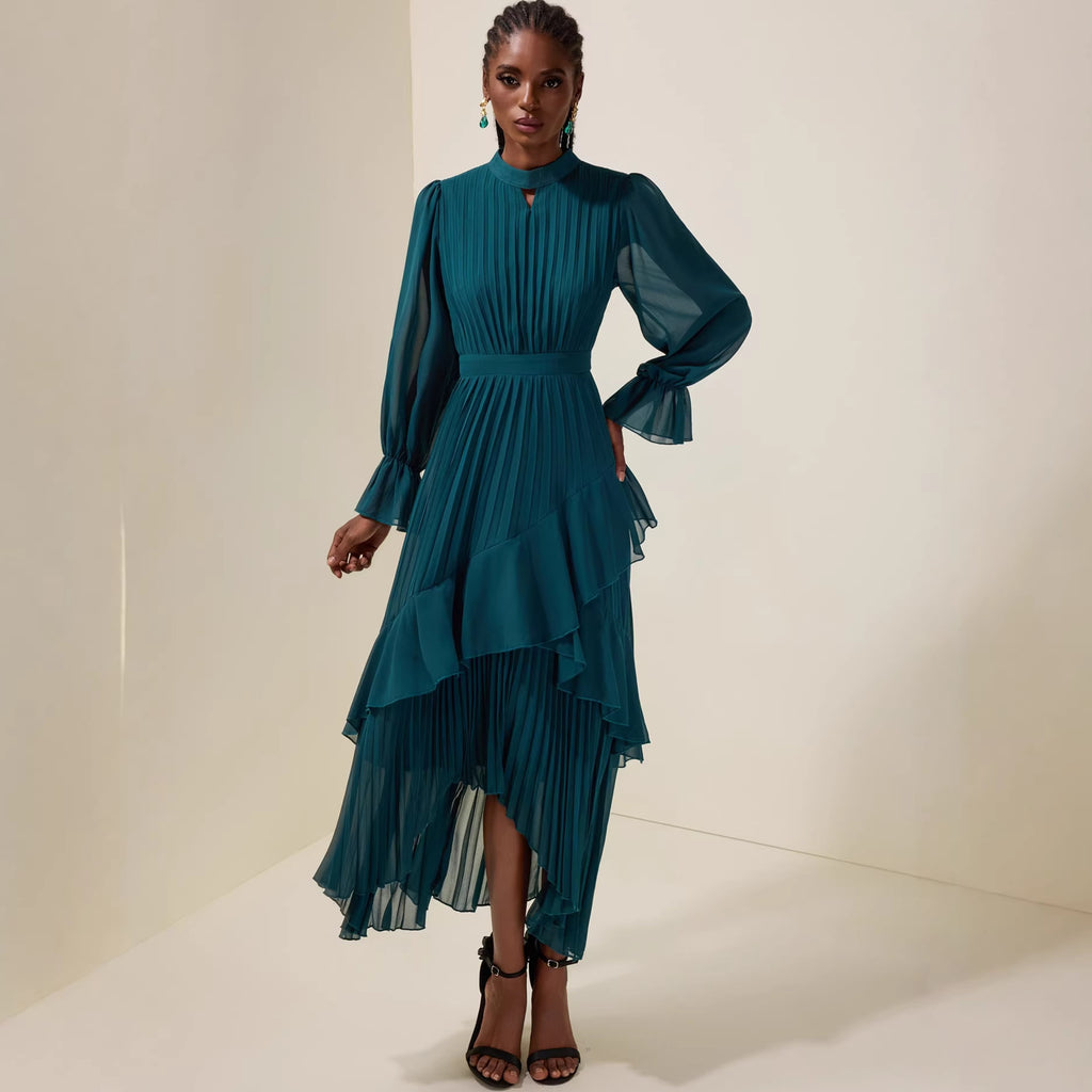 Laura Pleated Midi Dress with Long Sleeves