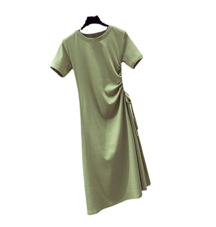Avocado Green Dress Summer New Style Ins Fitted Slimming Drawstring Charming  Student T-Shirt Dress for Women
