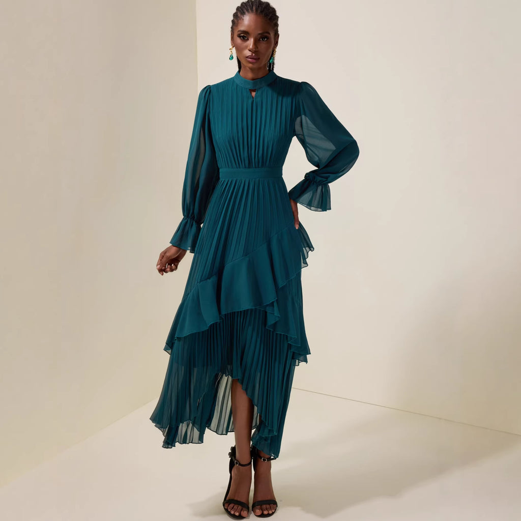 Laura Pleated Midi Dress with Long Sleeves