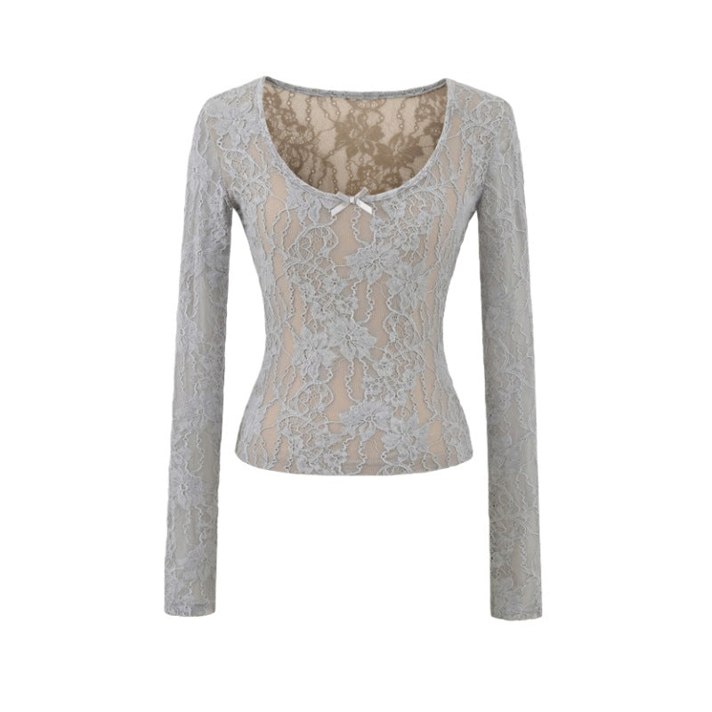 Lace Bow Embroidered Long Sleeve T-Shirt for Women