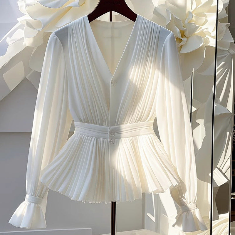 French Style V-Neck Long Sleeve Top Women's Elegant White Shirt Minimalist Luxury Design