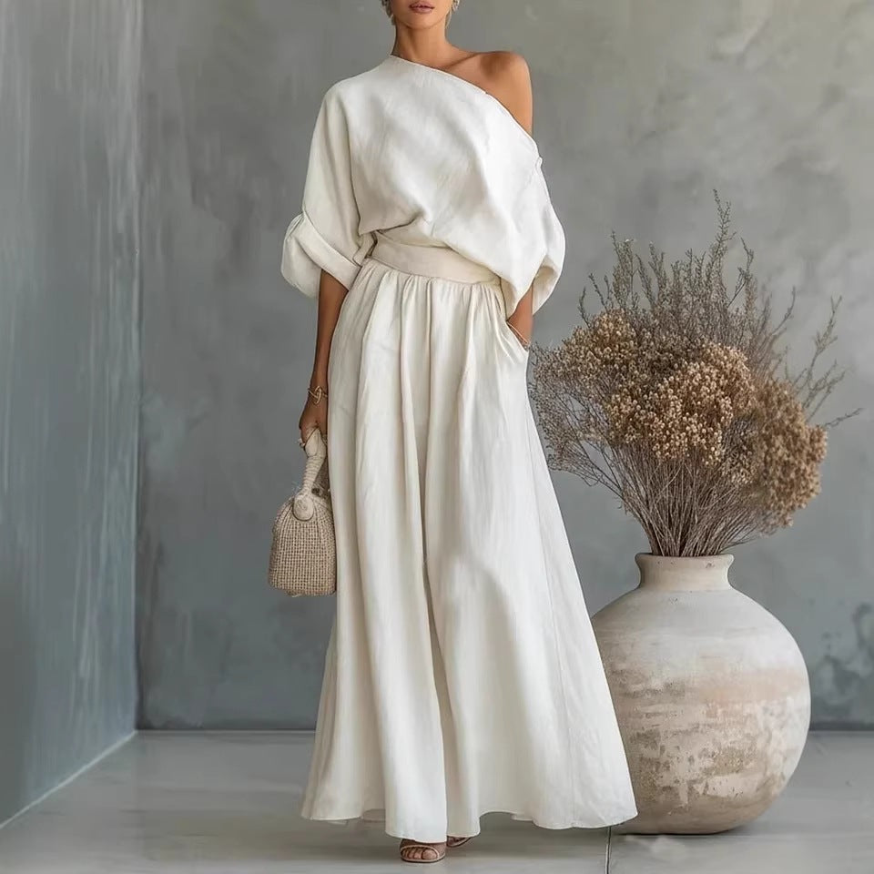 Serena Asymmetrical Shoulder Top and Pants Two-Piece Set