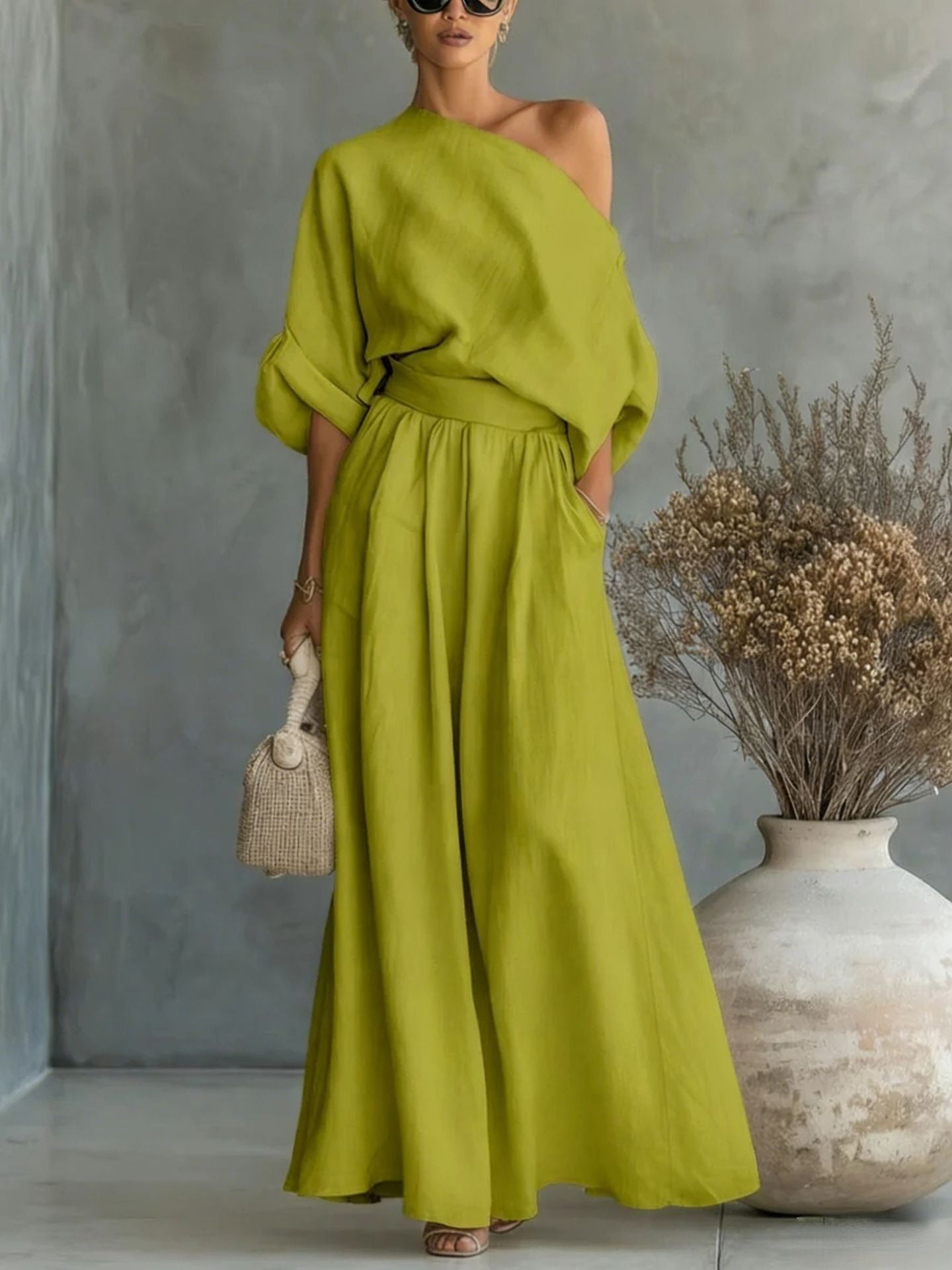 Serena Asymmetrical Shoulder Top and Pants Two-Piece Set